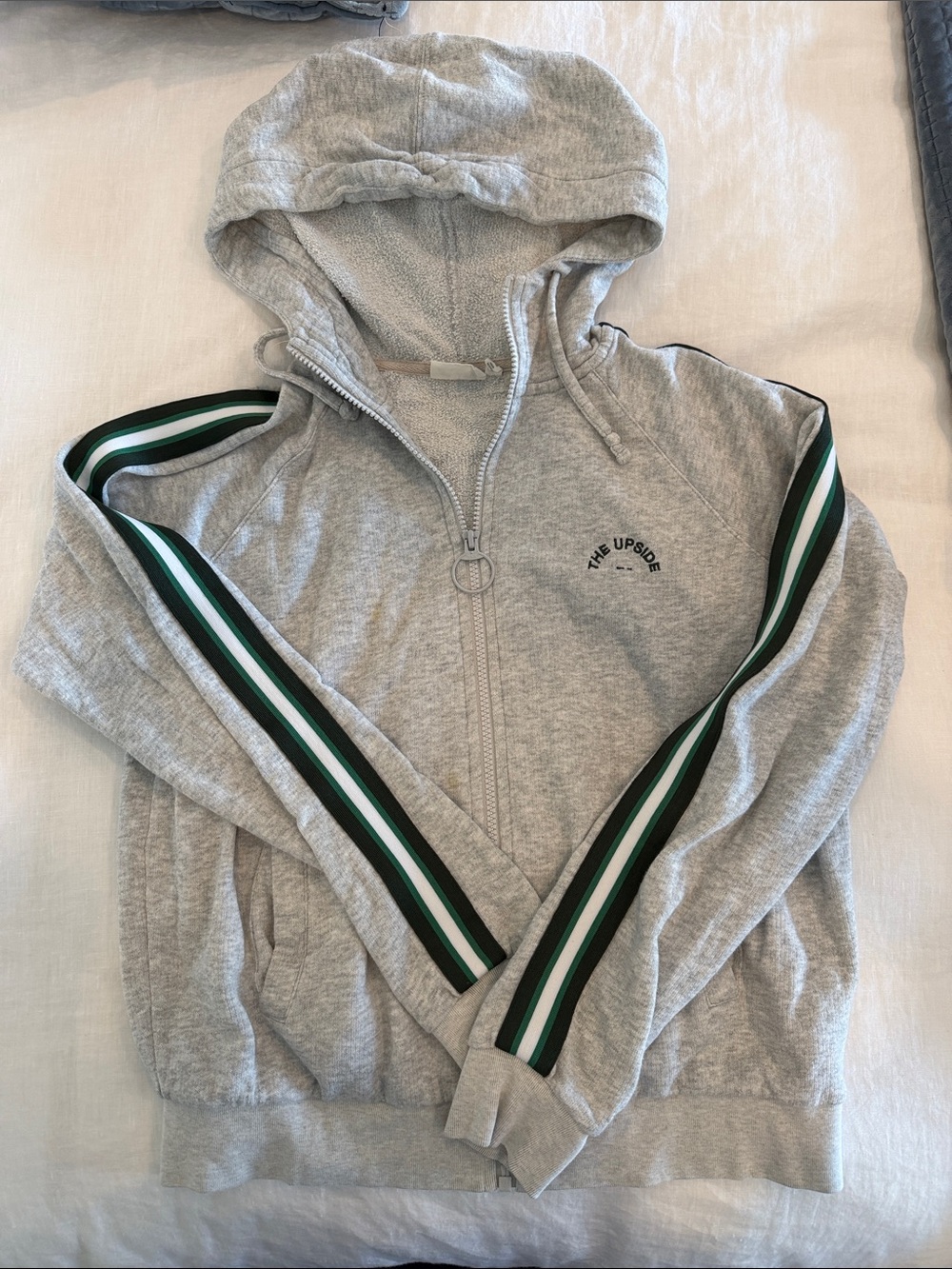 The Upside Gray Zip Hoodie with Green and Navy Stripe Detail
